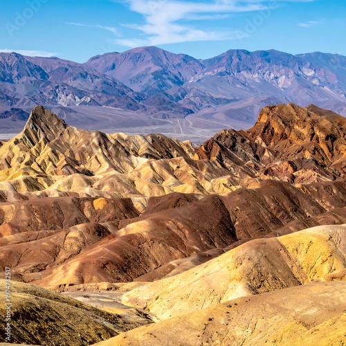 A scenic vista showcasing layered, colorful hills and distant mountains under a blue sky. The desert landscape presents a striking geological formation