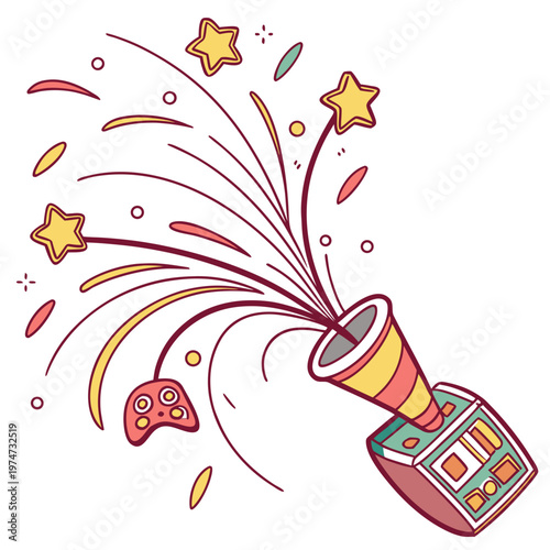 A cartoon party popper with colorful sparks and stars