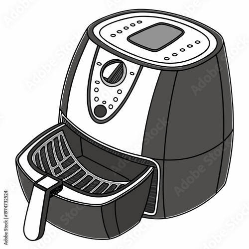 A black and white air fryer with a digital display