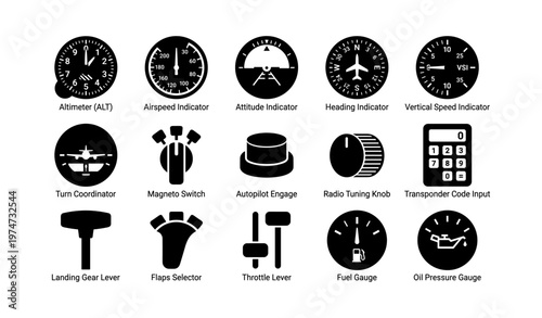 Aircraft cockpit instruments icons: altimeter, airspeed, attitude, heading, vertical speed