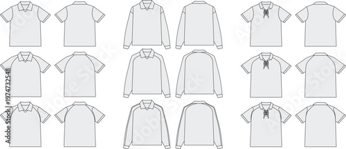 Set of Blank Polo Shirts and Long-Sleeved Shirts Vector Template