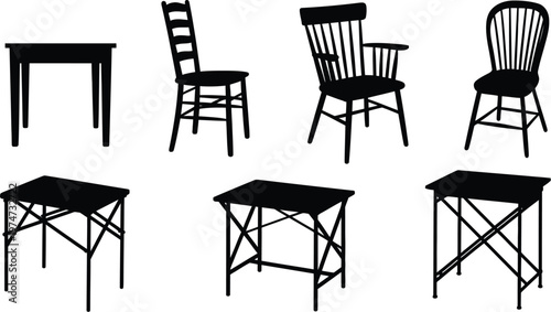 Black silhouettes of wooden tables and chairs, classic furniture icons for interior home design, dining room and living space concept