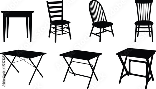 Black silhouettes of wooden tables and chairs, classic furniture icons for interior home design, dining room and living space concept