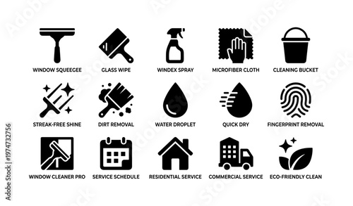 Cleaning supplies icons: window squeegee, spray bottle, microfiber cloth, cleaning bucket