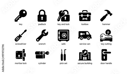 Black silhouette icons: locksmith tools and security symbols set