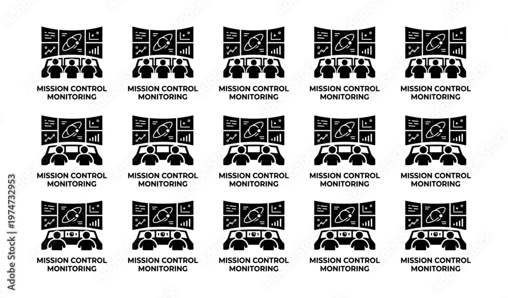 Fototapeta premium Mission control center icons with displays and crew