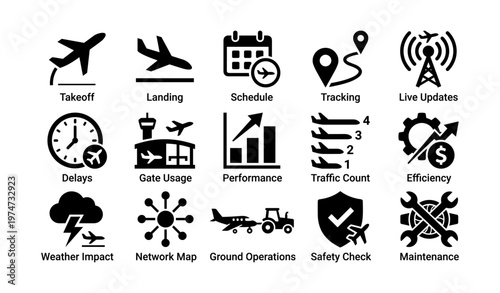 Aviation icons: flight operations and airport management