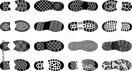 Black and white shoe sole print collection, diverse tread pattern designs, geometric and abstract footwear traction vector illustration artwork