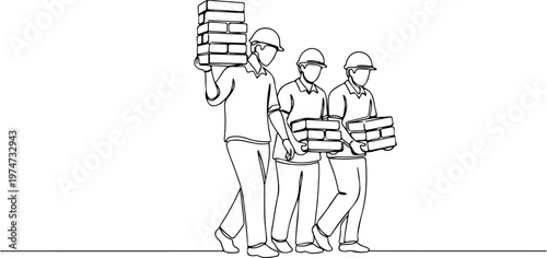 Continuous one line of a construction worker carrying bricks, symbol of strength and endurance, style hand drawing vector illustration.