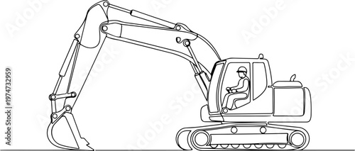 Continuous one line of a heavy equipment operator controlling an excavator, industrial and construction symbol, style hand drawing vector illustration.