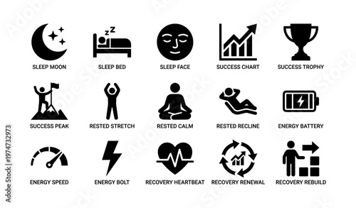 Sleep and success icons featuring moon, bed, face, chart, trophy, peak, stretch, calm, recline, battery, speed, bolt, heartbeat, renewal, rebuild