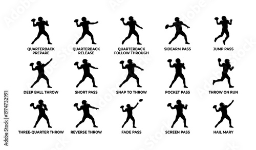 Silhouetted male quarterback passing techniques illustrated across various throwing styles