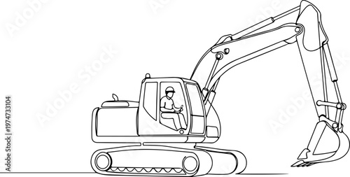 Continuous one line of a heavy equipment operator controlling an excavator, industrial and construction symbol, style hand drawing vector illustration.