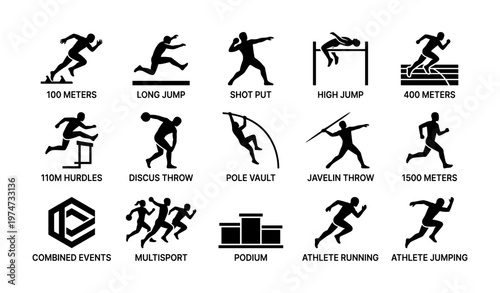 Athletics icon set featuring track and field events in silhouette design