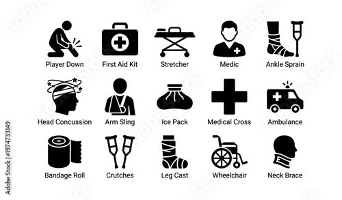 Emergency medical icons: first aid kit, medic, ambulance, wheelchair
