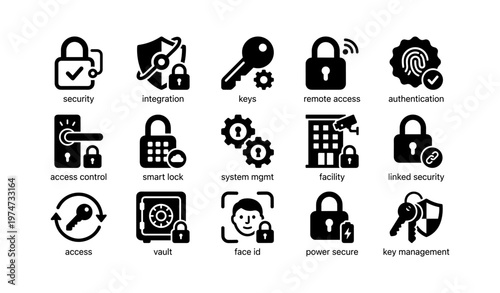 Black security icons featuring keys, locks, and access control systems