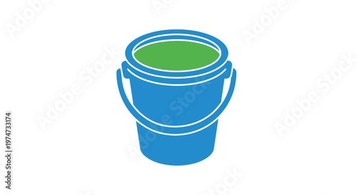 Blue bucket with green liquid inside.