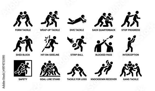 American football tackle techniques icons set in black and white silhouette design