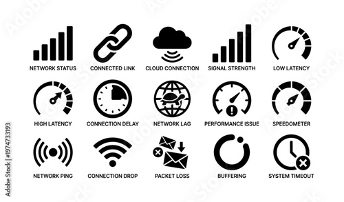 Network and connectivity icons collection highlighting signal and performance indicators