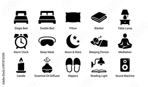 Bedtime icon set: beds, pillow, blanket, lamp, alarm, and more