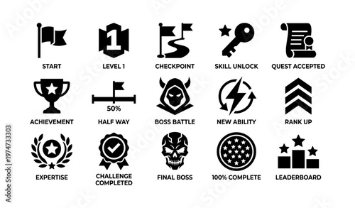 Video game icons for levels, achievements, and abilities