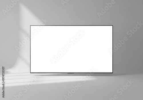 A sleek television mockup with a blank screen displayed against a minimalist gray wall interior