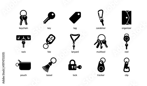 Icons of keychain accessories: key, tag, carabiner, organizer, lanyard, multitool