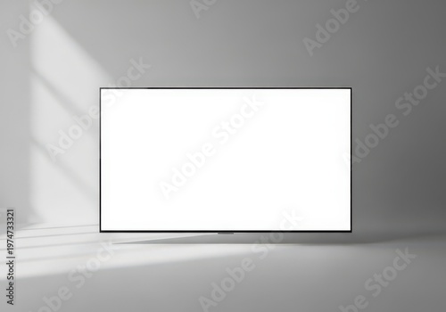 A sleek modern television with a blank white screen mounted on a minimalist gray interior wall.