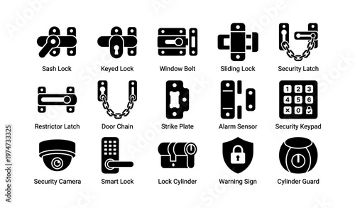 Security hardware icons: locks, alarms, cameras, keypads, chains