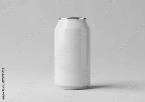 A plain white aluminum beverage can isolated against a neutral light grey studio background mockup