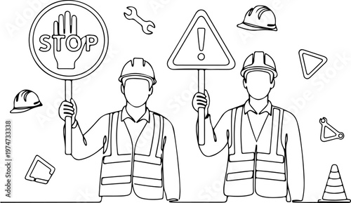 Continuous one line of a road worker lifting a sign, work safety symbol, style hand drawing vector illustration.