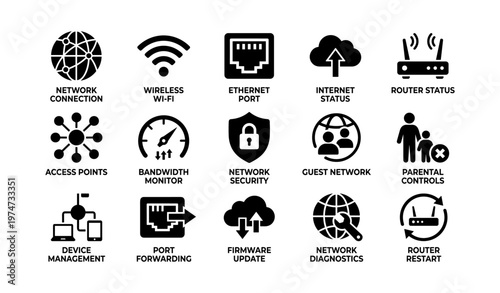 Network and router icons: connectivity, security, and management overview