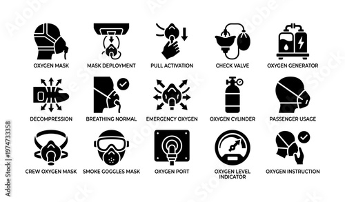 Oxygen safety icons set for emergency and safety procedures