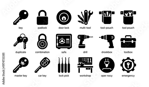 Security and tool icon set: keys, locks, drills, safe, multi-tool