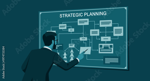 Businessman explaining strategic planning flowchart on board in office