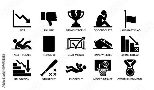 Sports failure icons depicting loss, trophy, disconsolate figure, and red card