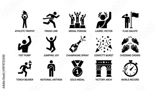Athletic icons: trophies, celebrations, and victory symbols
