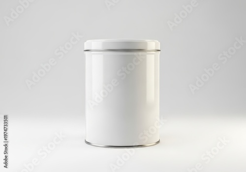 A high quality studio shot of a blank white cylindrical metal container for product packaging