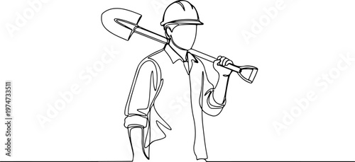 Continuous one line of a construction worker with helmet carrying shovel, symbolizing hard work and development, style hand drawing vector illustration.