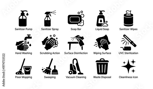 Icons of hygiene and cleaning: sanitizing, disinfecting, and waste management symbols