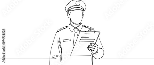 Continuous one line of a field officer holding a clipboard, inspection and supervision symbol, hand drawing style vector illustration.