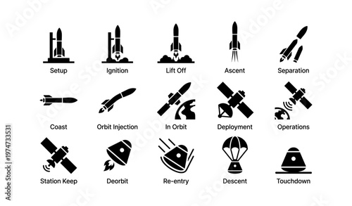 Rocket launch stages and satellite operations - icons illustration