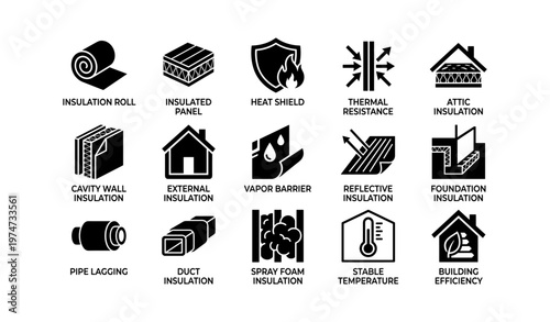 Insulation icons: roll, panel, shield, attic, wall, duct, barrier