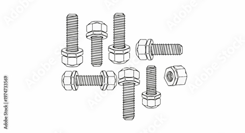 A collection of assorted bolts and nuts displayed in a simple line drawing