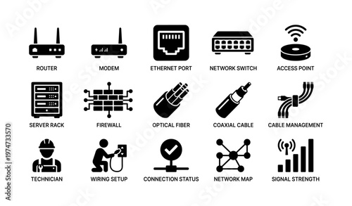 Icons of networking equipment and setup: router, modem, cables, technician