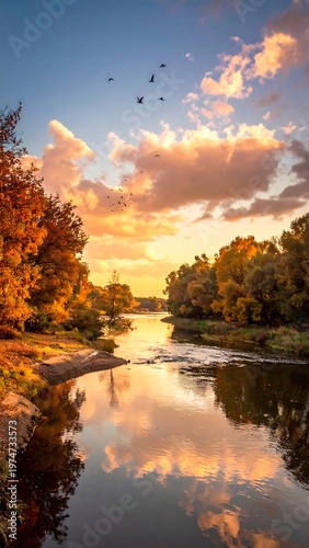 A serene river flows through autumnal trees under a vibrant sky filled with puffy clouds and a flock of birds. The water mirrors the landscape