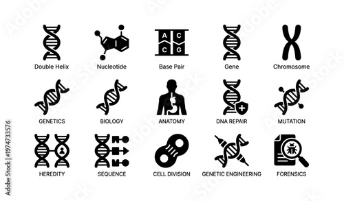Dna icons: genetics, biology, anatomy, and forensics visualized