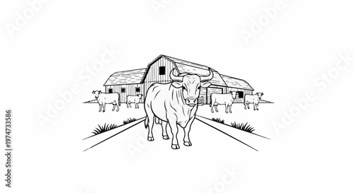 A bull and cows gather outside a rustic barn, depicted in a line drawing