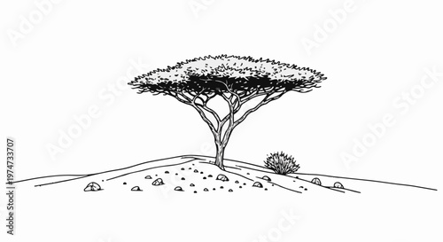 A solitary acacia tree stands on a rocky, barren hill with sparse brush
