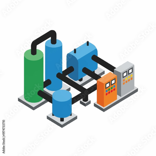 Industrial Water Treatment Plant Equipment Isometric Illustration.